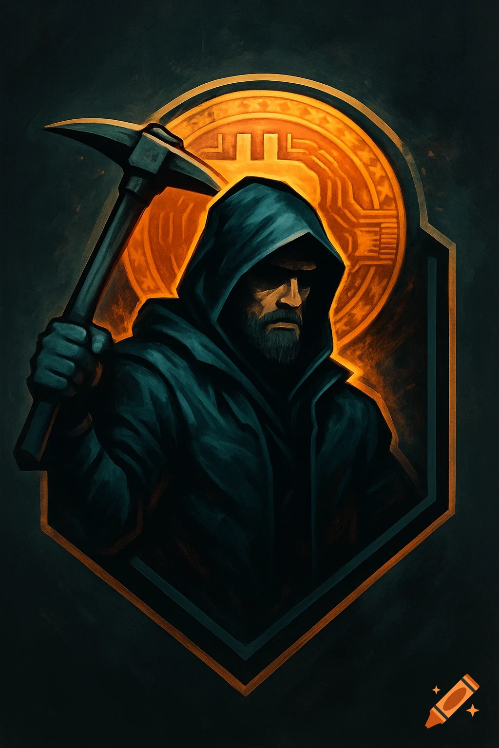 Illustration of a hooded figure holding a pickaxe in front of a glowing Bitcoin symbol and circuitry.
