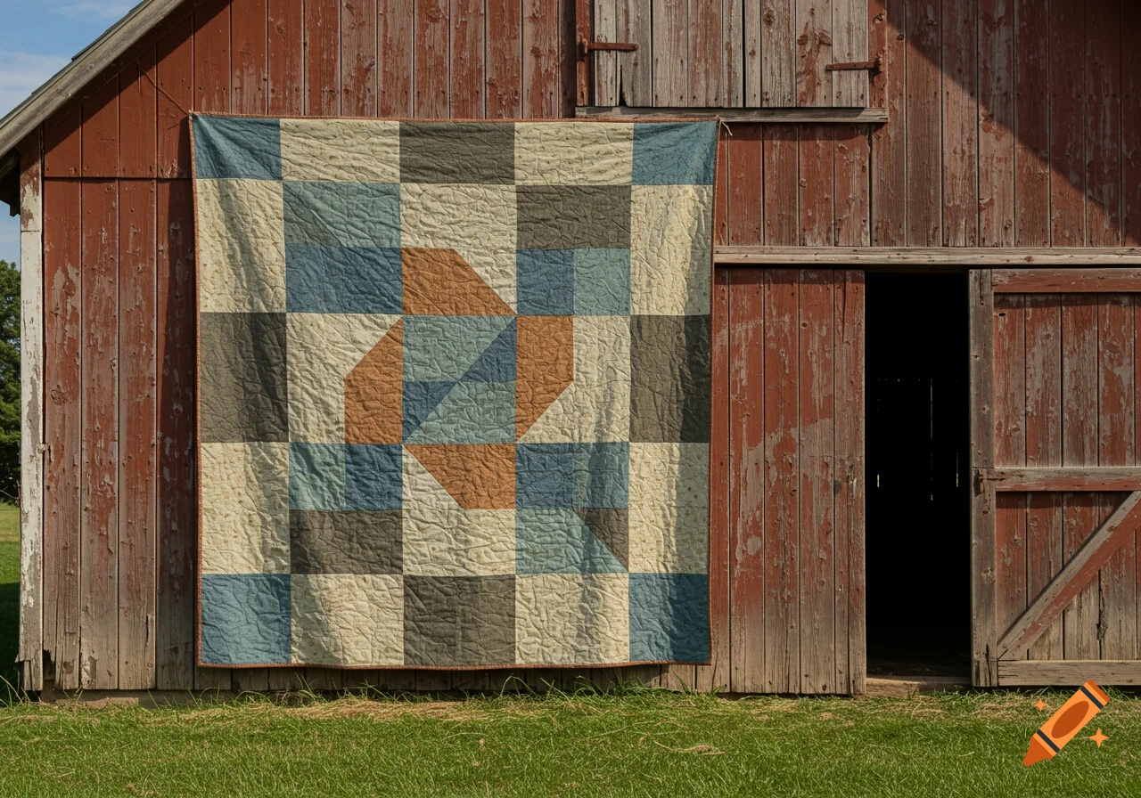 A geometric quilt hangs on the side of a red barn.