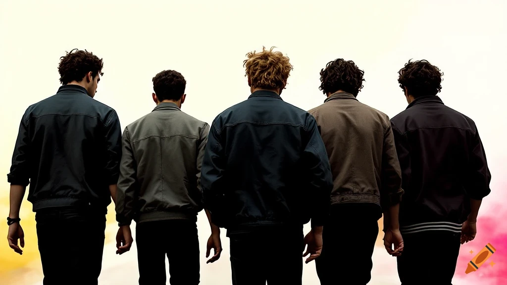 Five young men, seen from behind, walk away from the camera against a bright background.