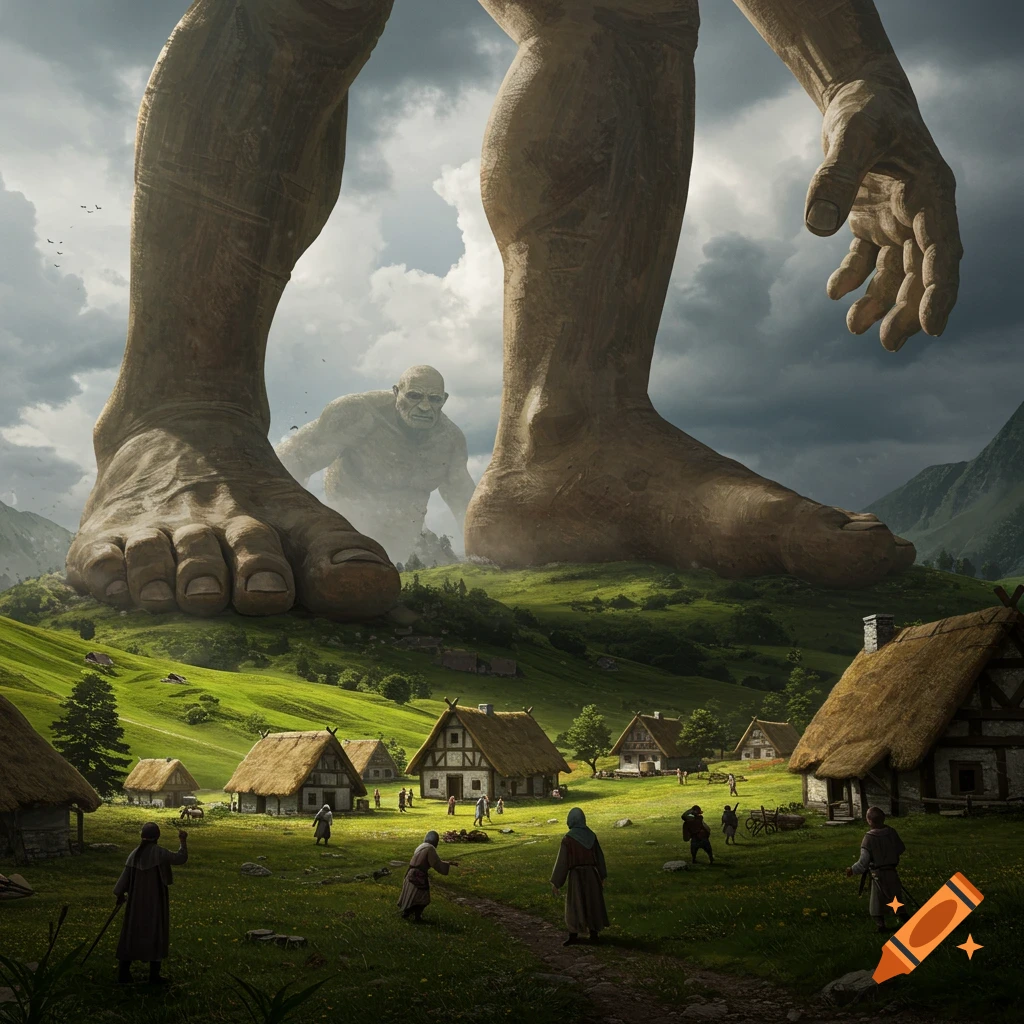 A massive stone giant steps over a small village nestled in a green valley under a cloudy sky.