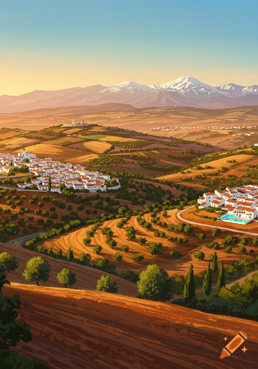 Painting of white villages on terraced hillsides with trees, fields, and snow-capped mountains under a warm sky.