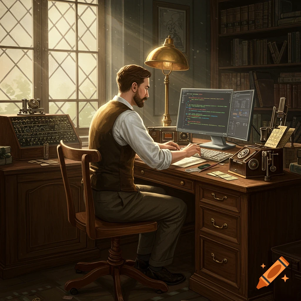 A man in 1900s attire sits at a desk with both vintage equipment and modern computer monitors displaying code.