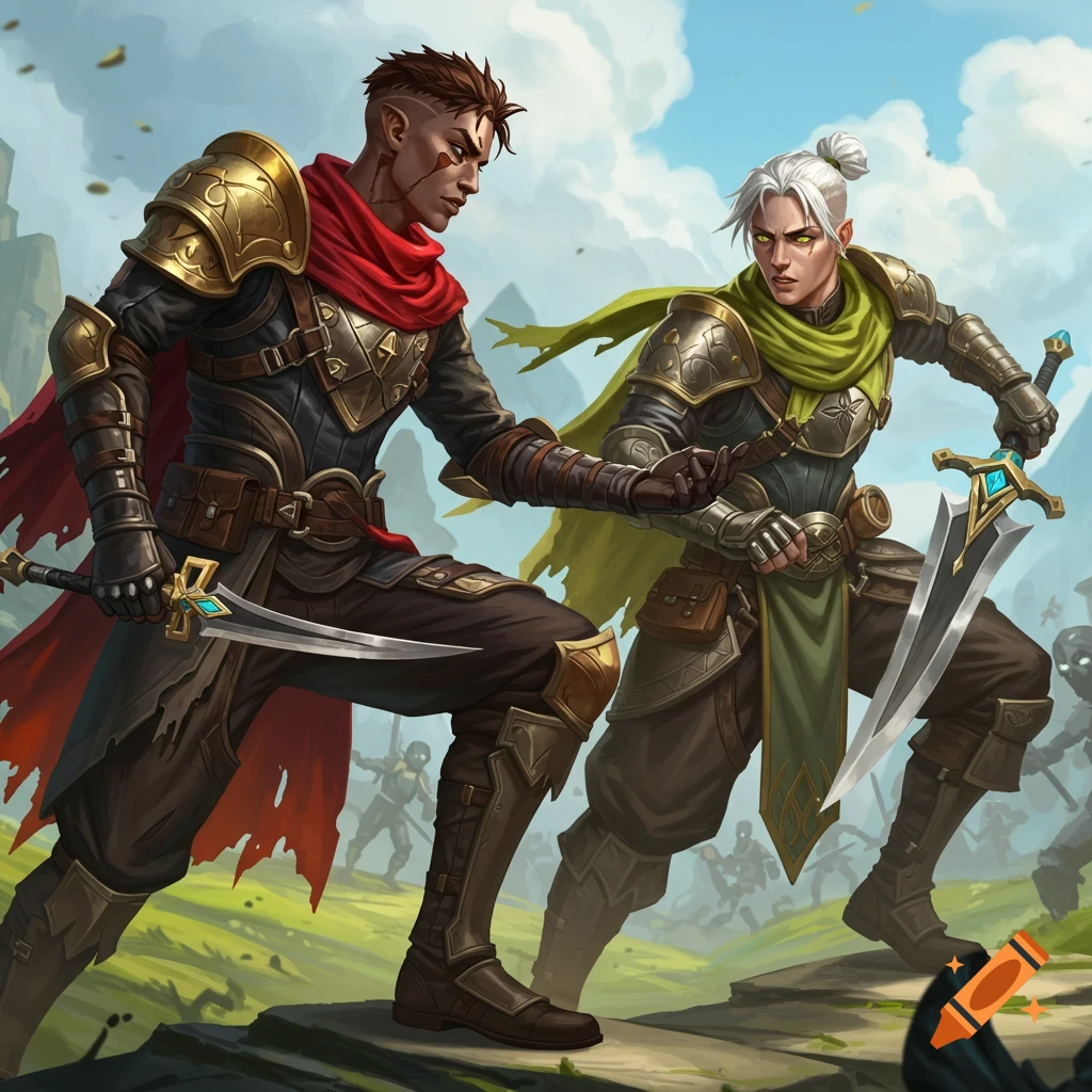 Two fantasy warriors in elaborate armor stand with swords, with a battle scene in the background.