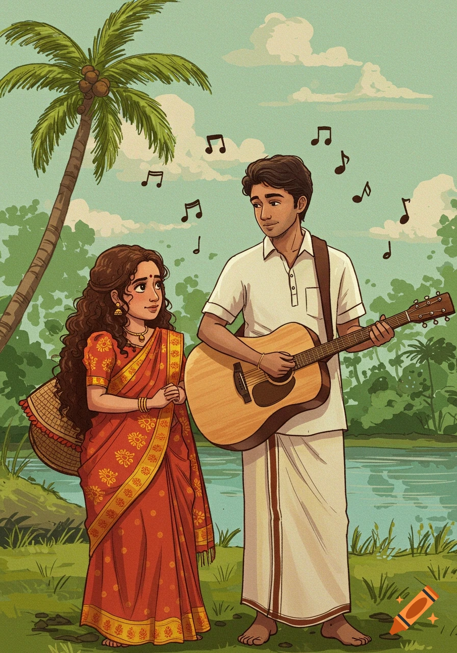 Illustration of a man playing guitar for a woman outdoors with music notes