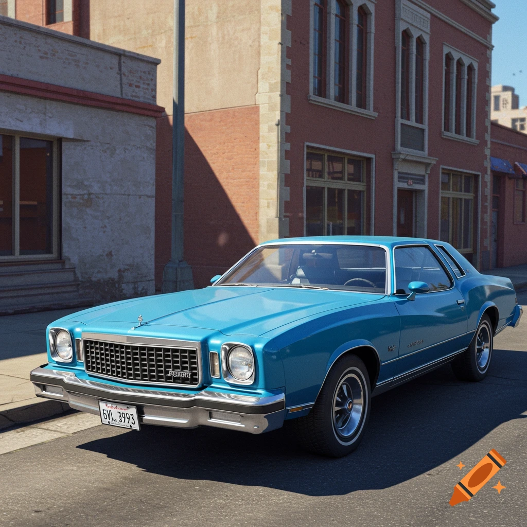 A blue 1976 Chevrolet Monte Carlo is parked on a city street in front of brick buildings.