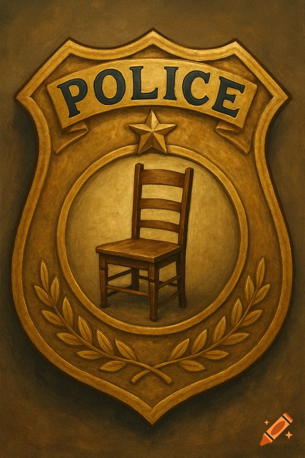 Illustrated police badge with a star and leaves, containing a wooden chair.