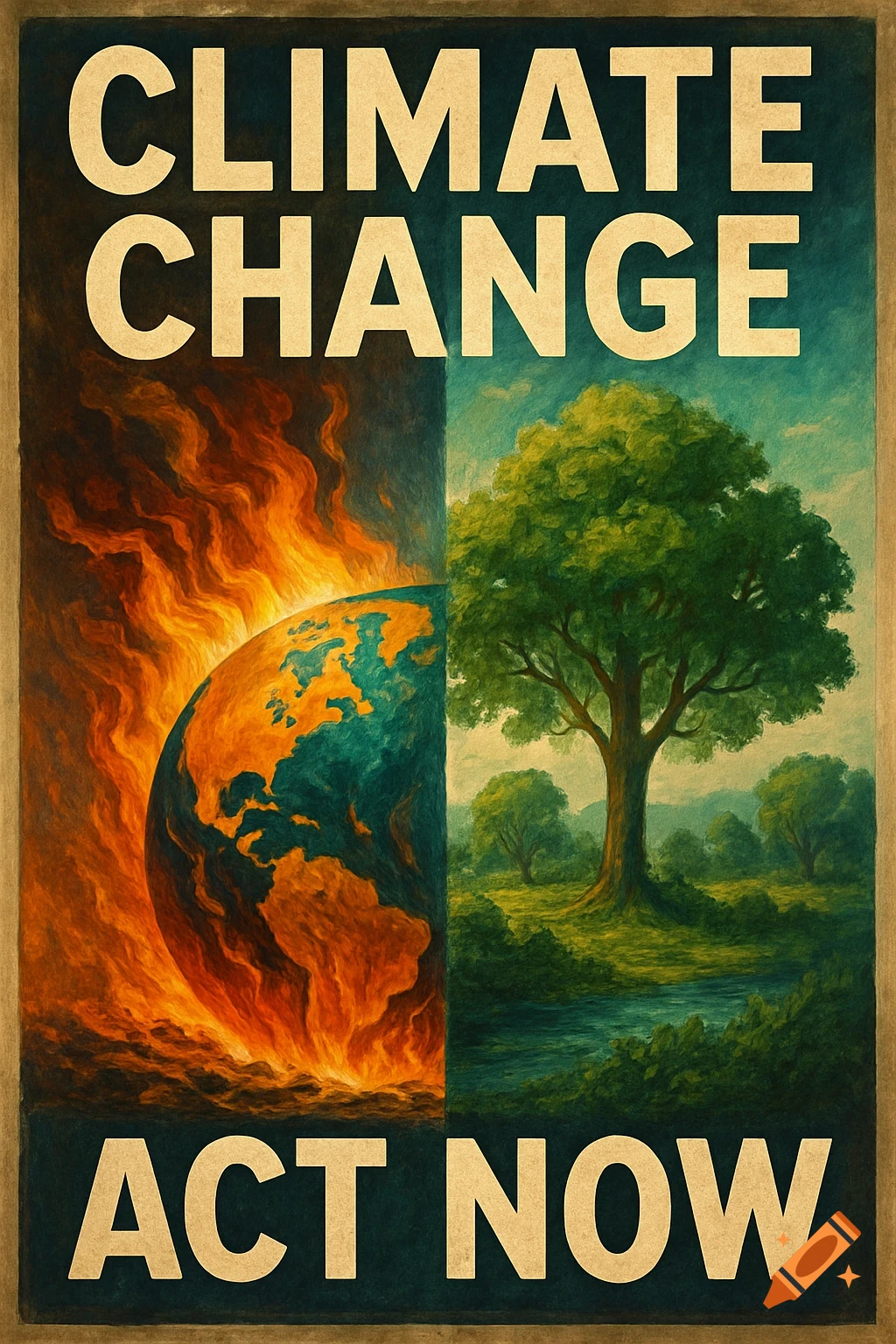 Poster split screen showing Earth burning and green nature with text 'CLIMATE CHANGE ACT NOW'