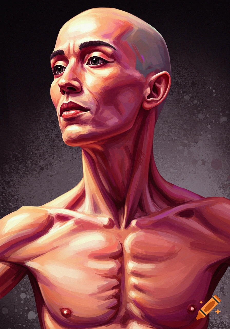 Stylized digital painting of a bald figure showing upper body musculature.