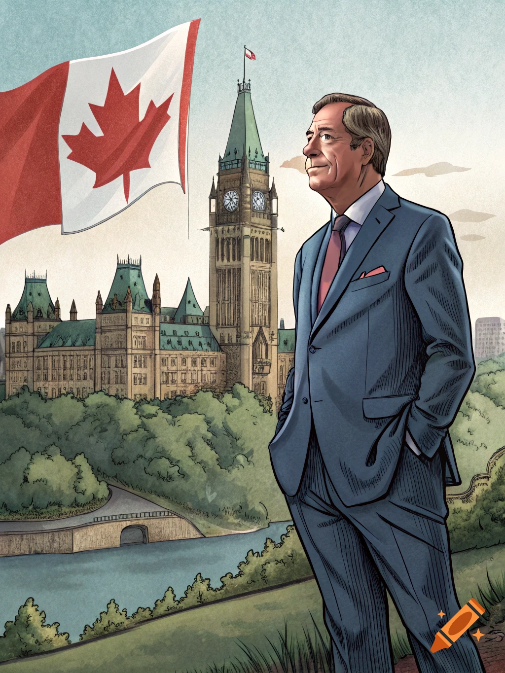 Illustration of a man resembling Nigel Farage standing with a Canadian flag and the Parliament building behind him.