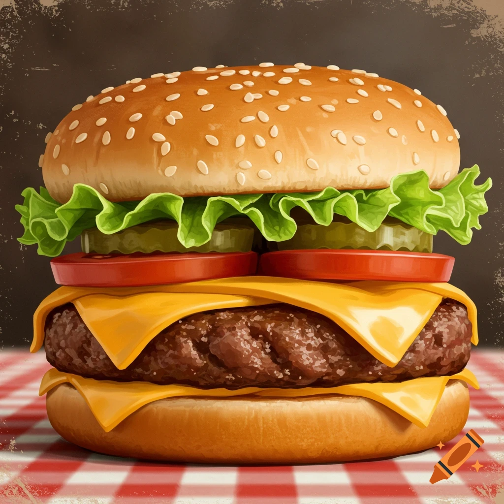 A detailed illustration of a hamburger with lettuce, pickles, tomato, and cheese on a red and white checkered tablecloth.