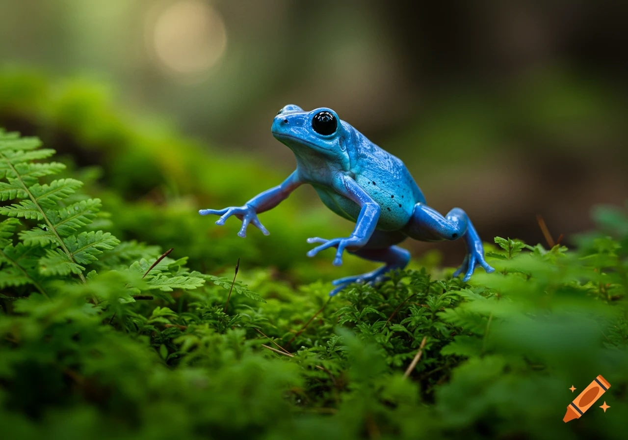 A blue frog sits on moss in a forest. on Craiyon
