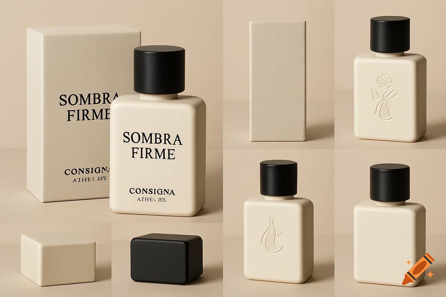 Photorealistic mockup of a luxury perfume bottle and box, showing multiple views of the product with text 'Sombra Firme Consigna Atelier'.