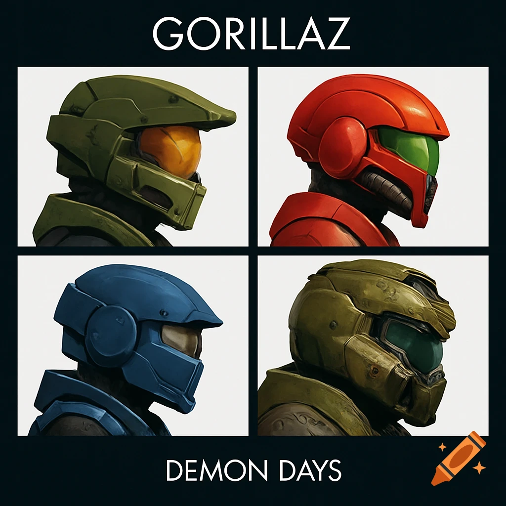 Four panel image in the style of Gorillaz album cover, featuring video game helmets like Halo and Metroid, with text GORILLAZ and DEMON DAYS.