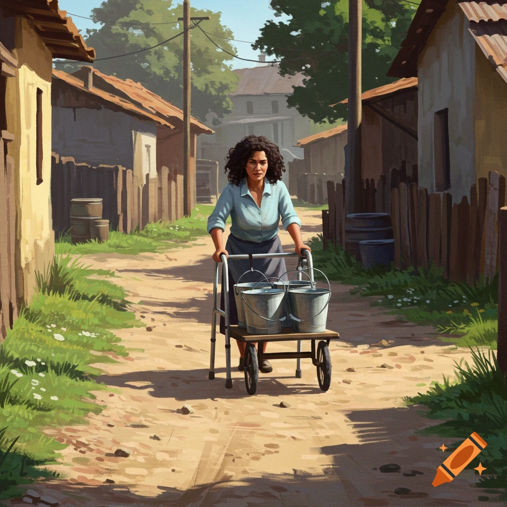 Woman pushes a wheeled cart with water buckets down a dirt road in a village. Illustration style.