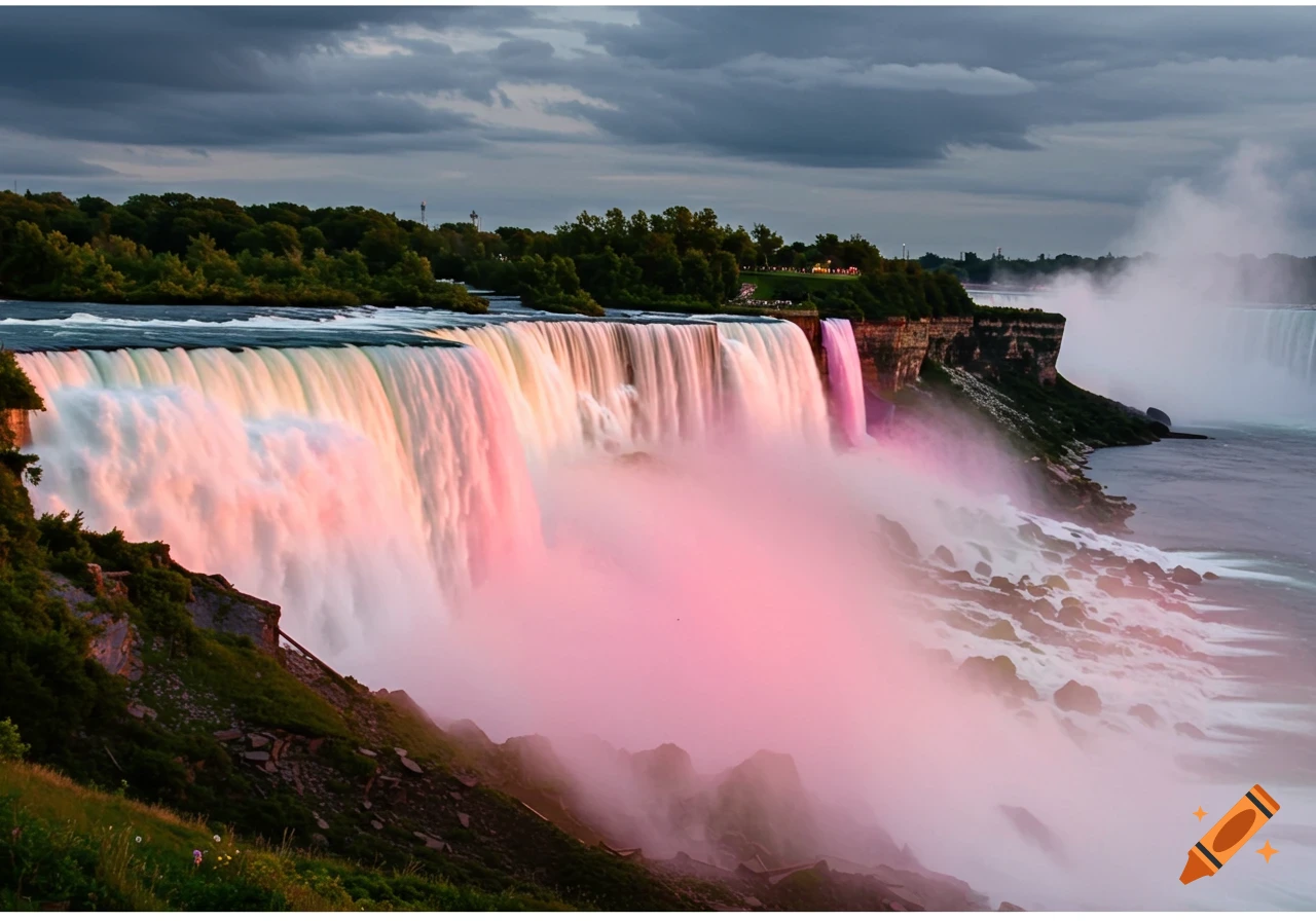 Scenic view of Niagara Falls with pink and purple colored water misting at dusk.