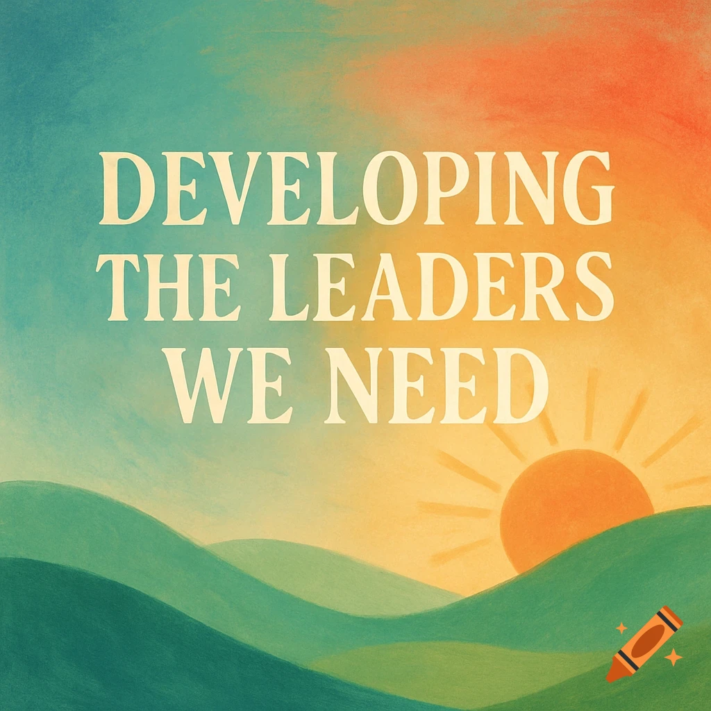 Illustration of rolling hills and a rising sun with the text 'DEVELOPING THE LEADERS WE NEED'
