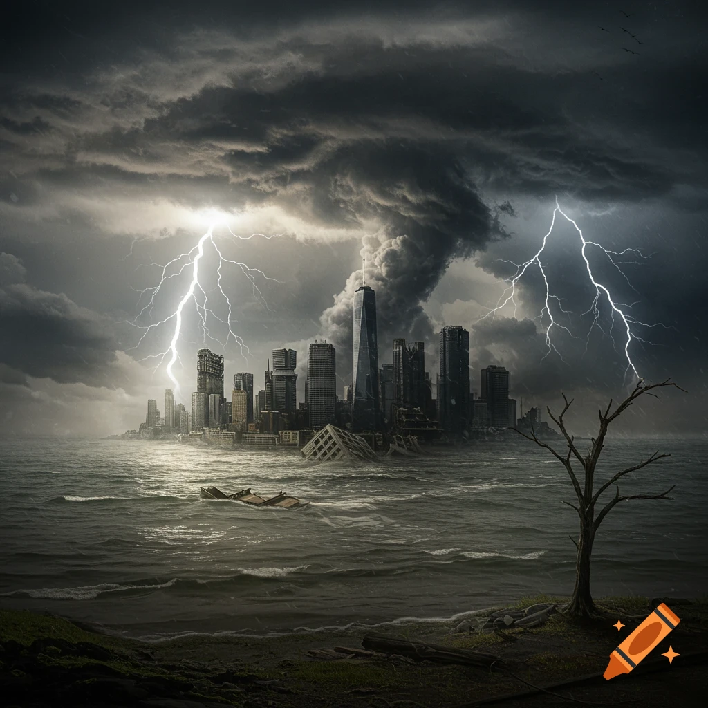 Flooded city skyline under a dark, stormy sky with lightning strikes.