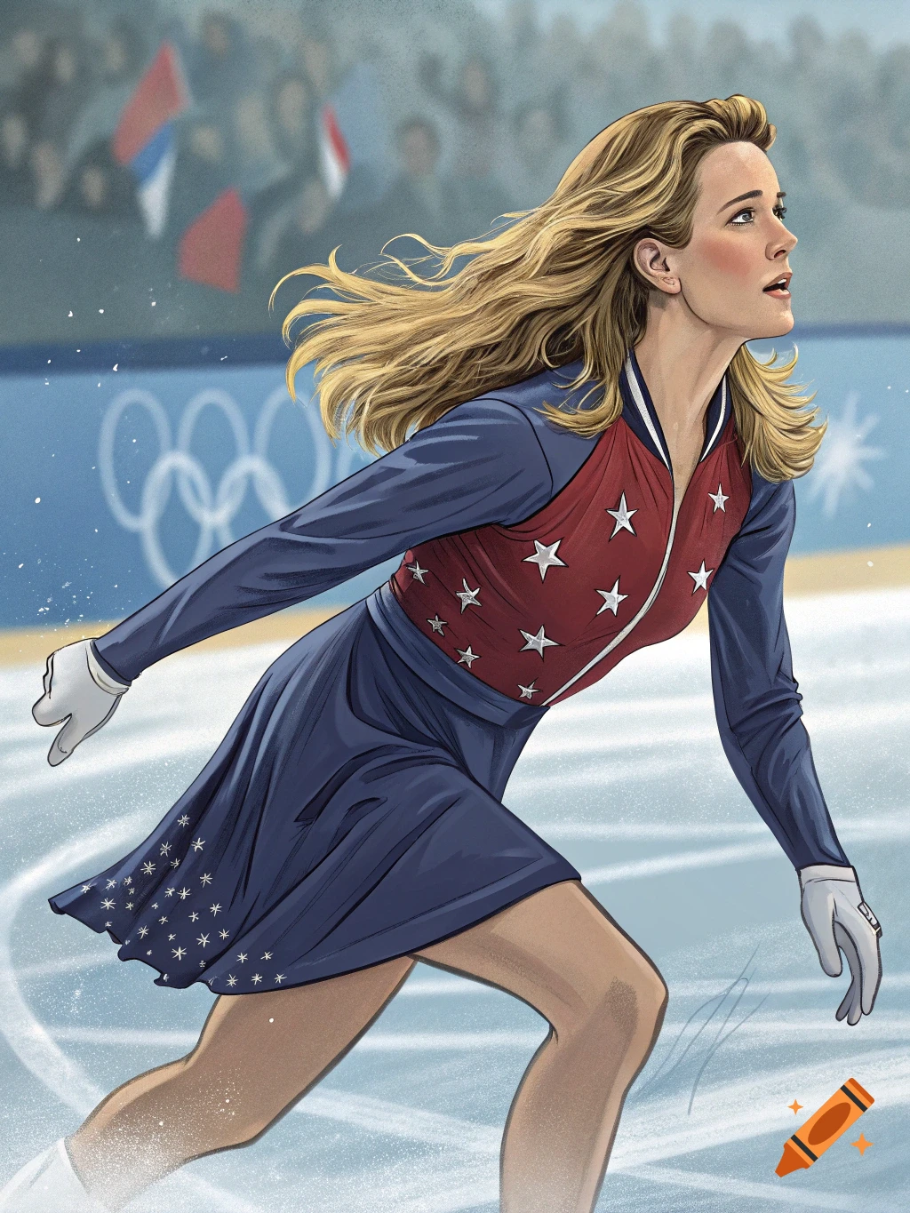 Illustration of a woman ice skating in a red, white, and blue outfit, looking up. Olympic rings and crowd in the background.