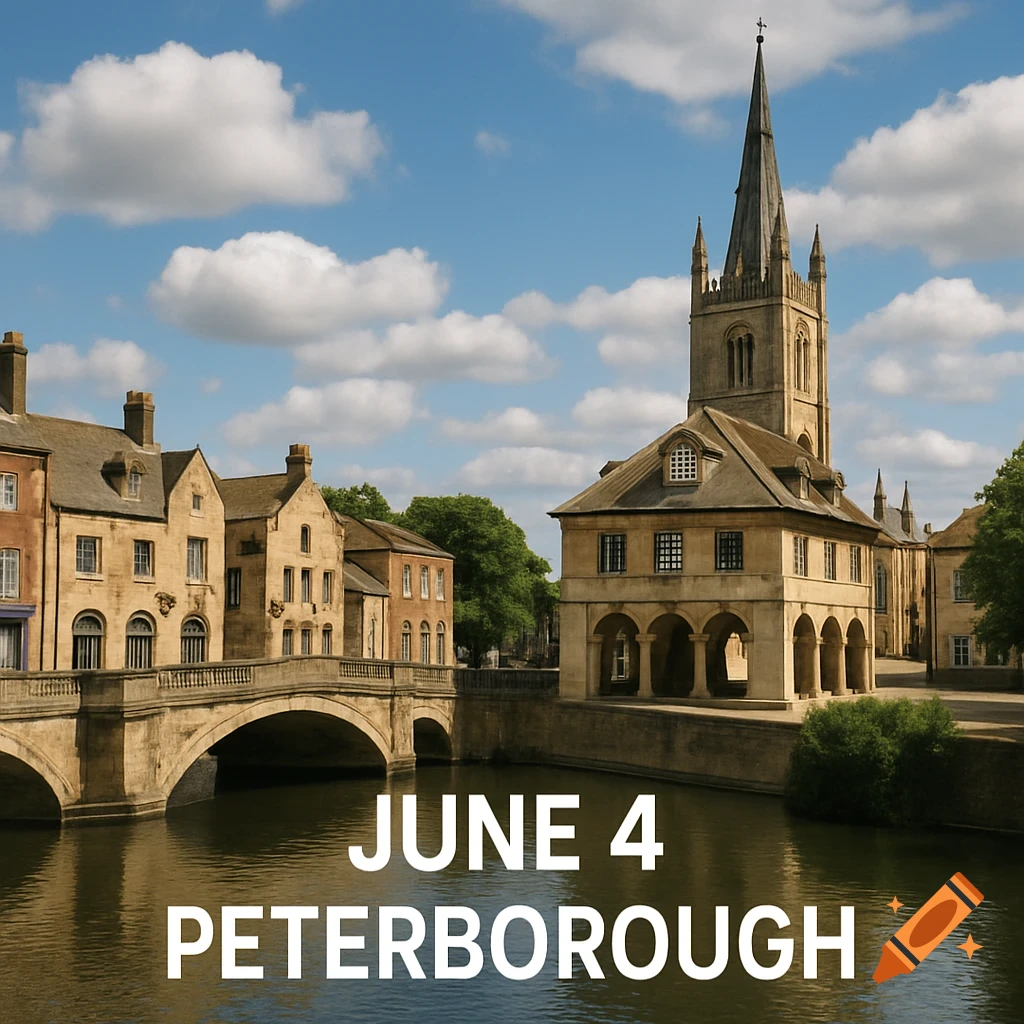 A river with a bridge, historic buildings, and a tall-spired church, with the text "JUNE 4 PETERBOROUGH" overlaid.
