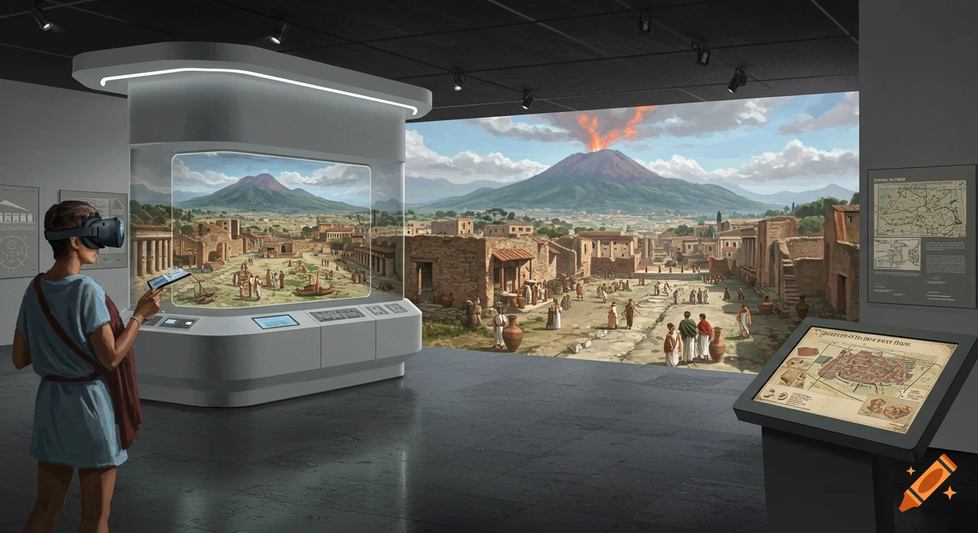 Person in VR headset views Pompeii exhibit mural with erupting volcano in museum.