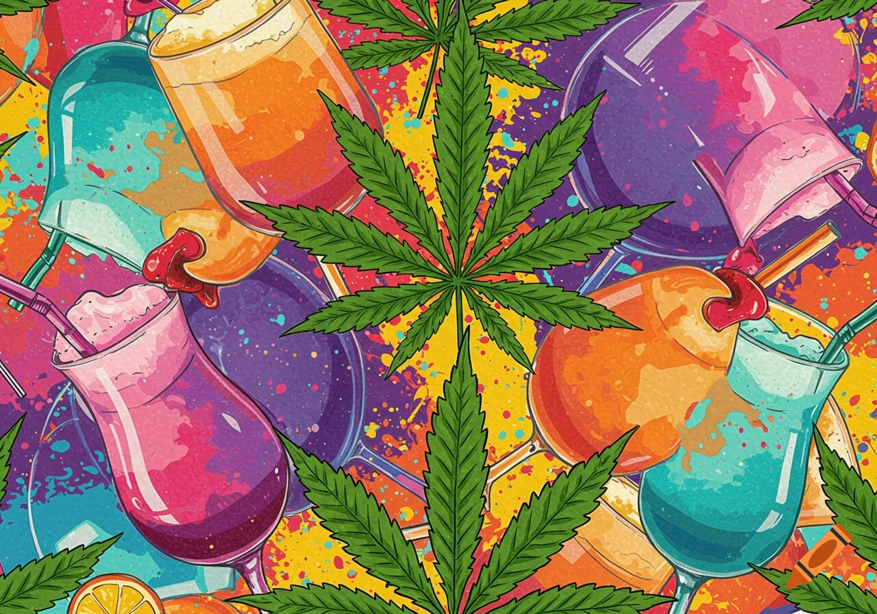 Colorful pattern of cannabis leaves, cocktails, and paint splatters in an illustration style.
