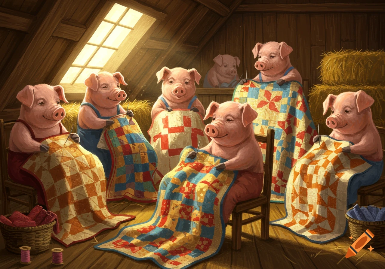 Cartoon pigs sewing quilts in a barn.
