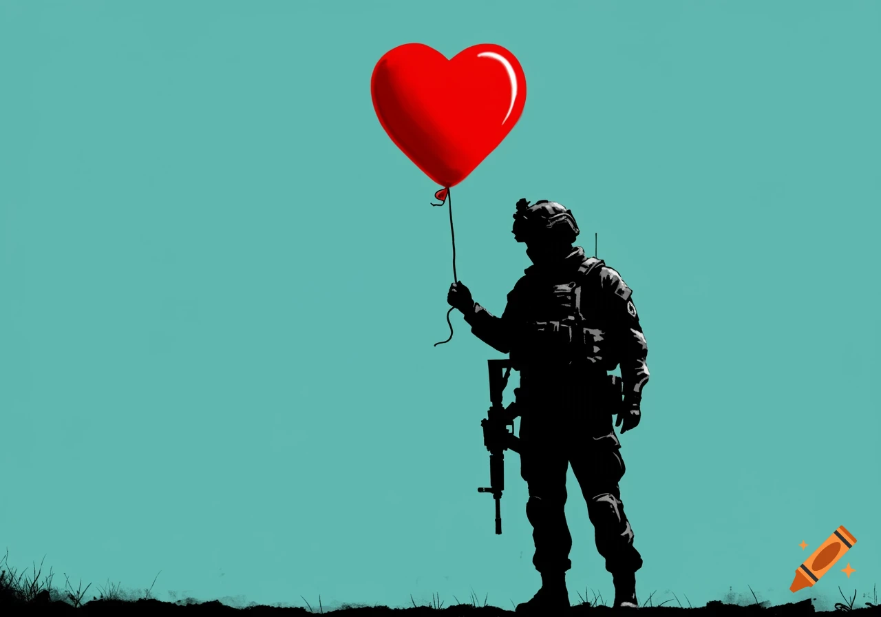 Silhouette of a soldier holding a red heart balloon against a teal background.