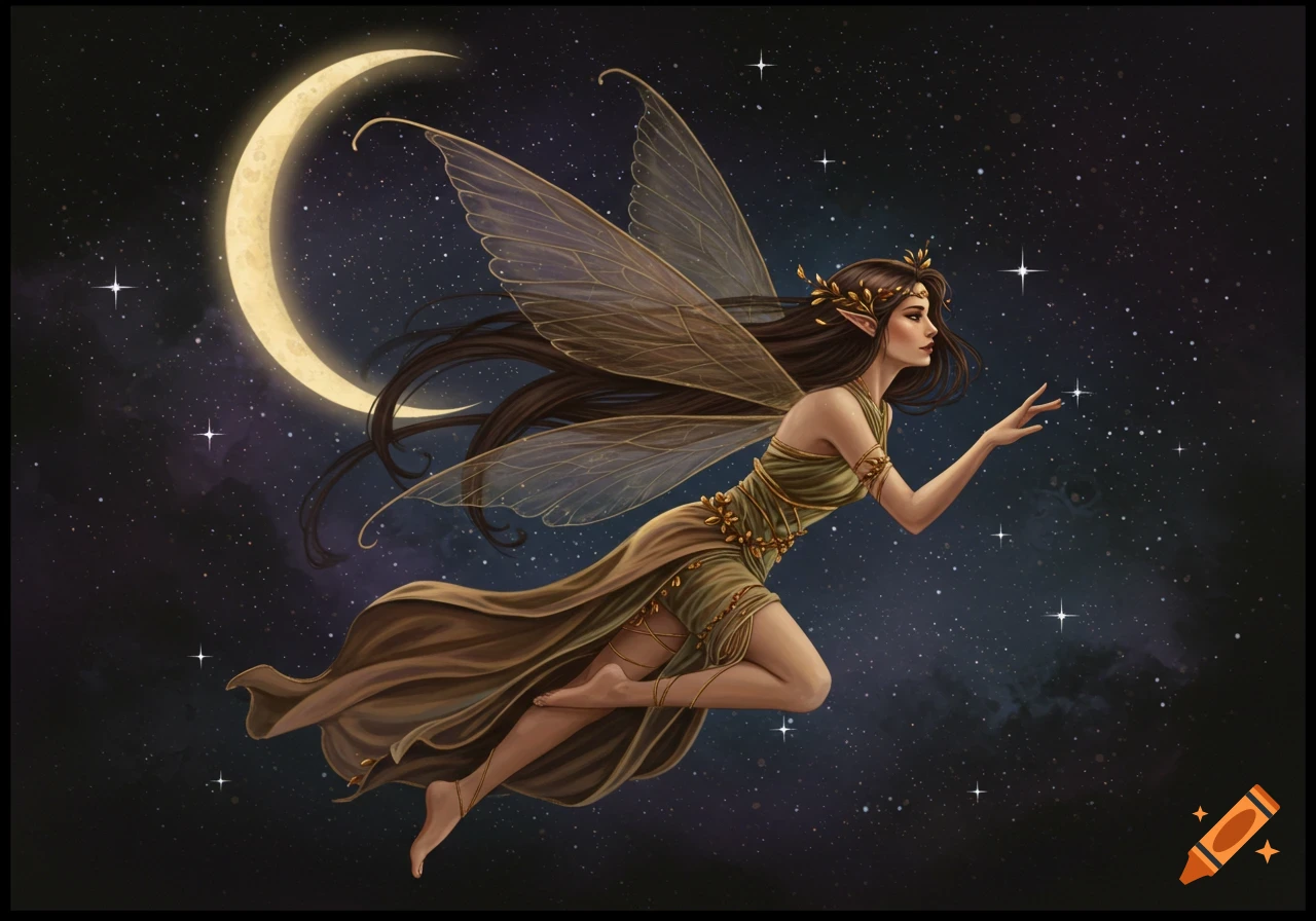 An Art Nouveau style illustration of a fairy with transparent wings flying near a crescent moon and stars in space.