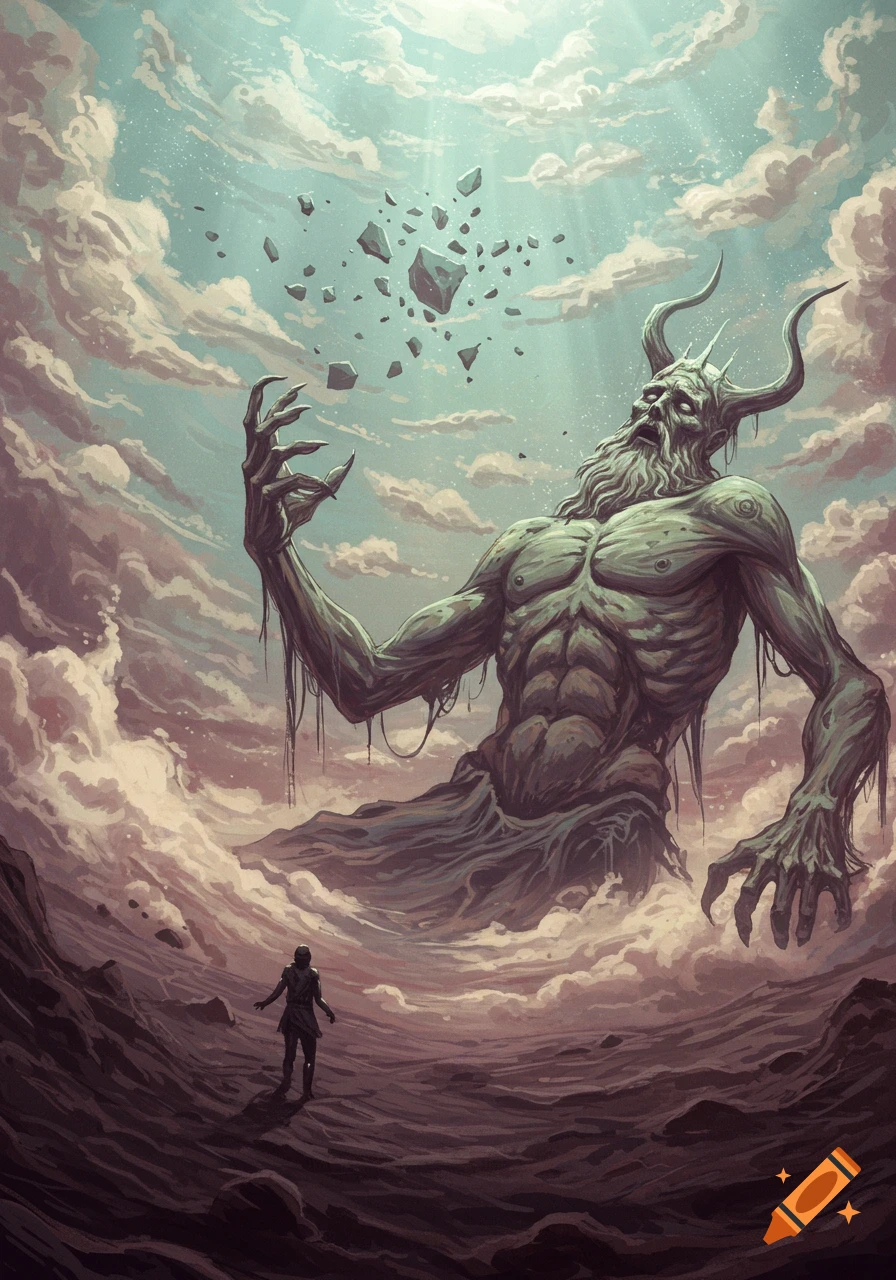 A small figure faces a colossal horned giant emerging from clouds, illustrated.