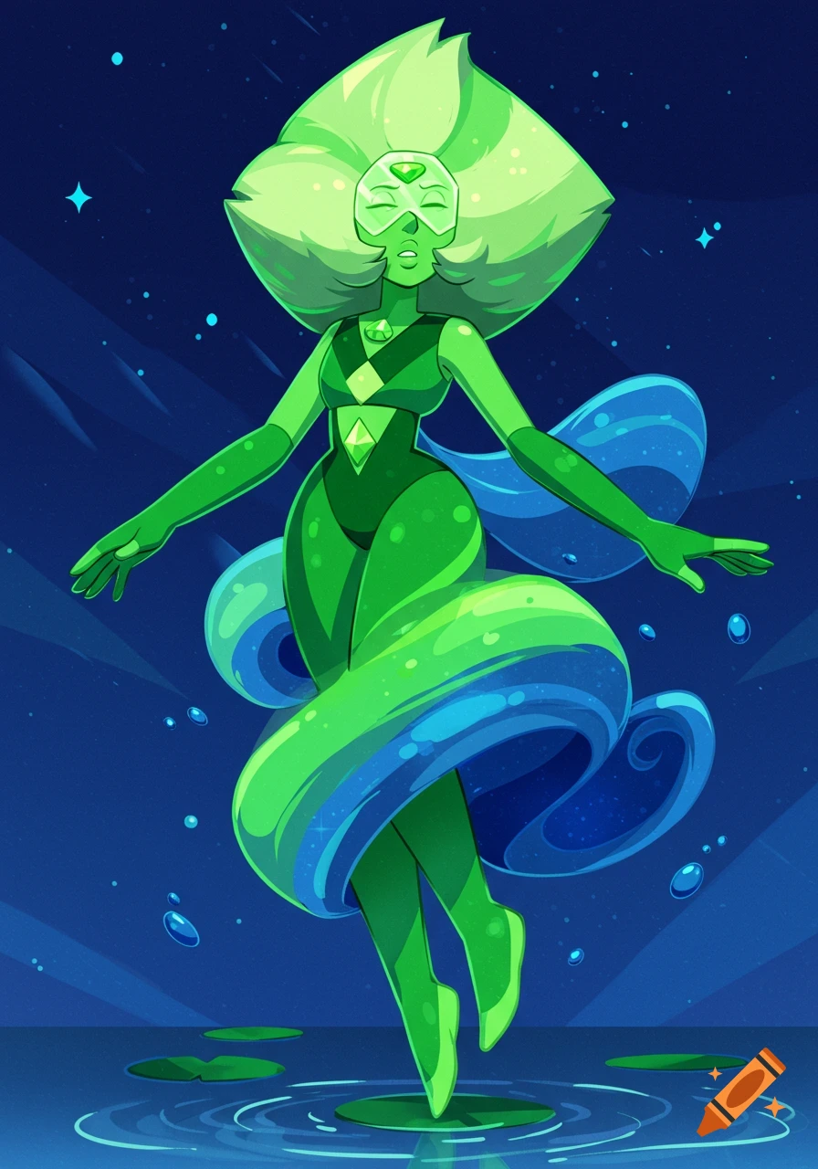 Steven Universe Peridot and Lapis fusion standing in water at night, animated style