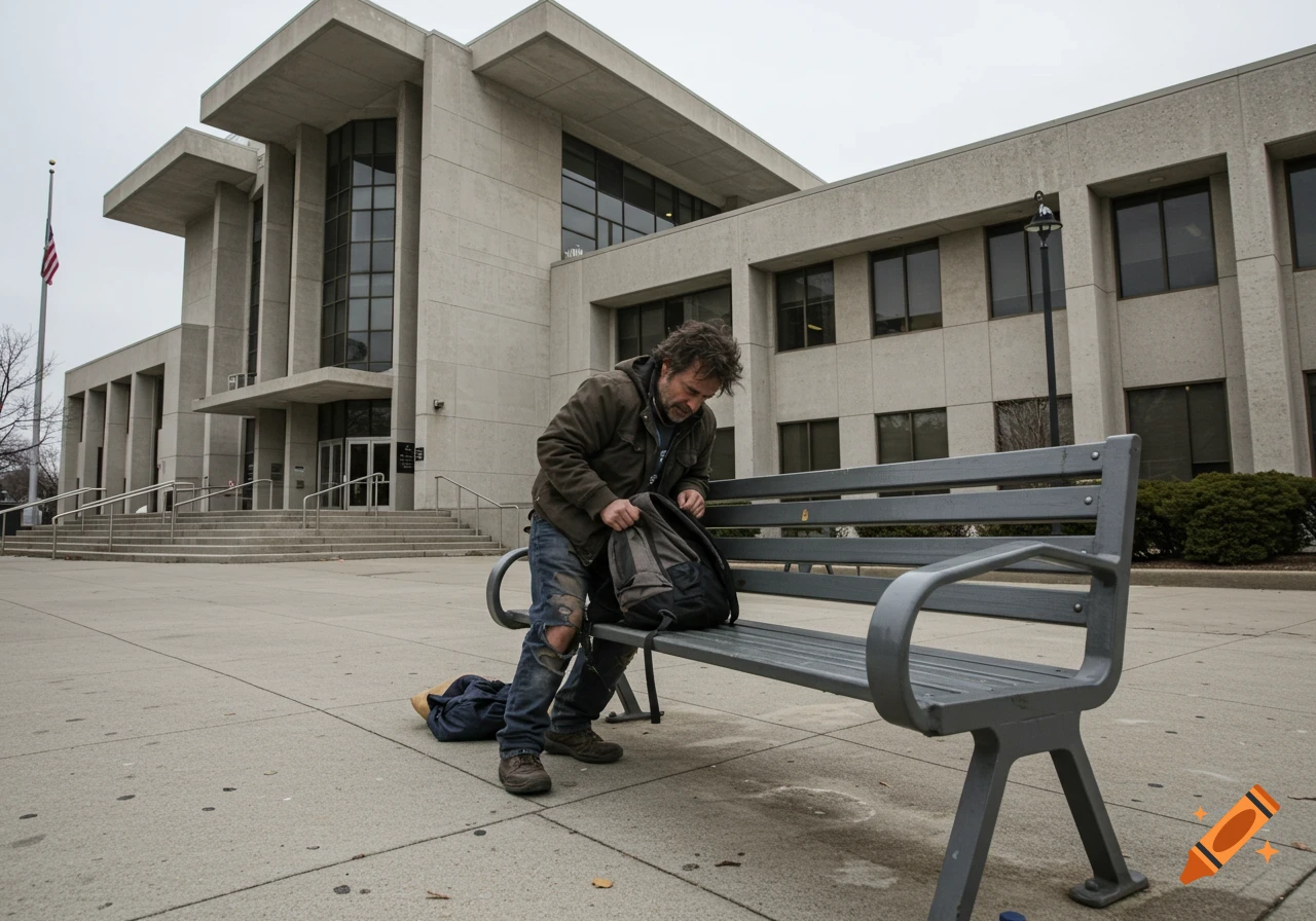 A disheveled man sits on a bench outside a concrete courthouse building, looking into his backpack.