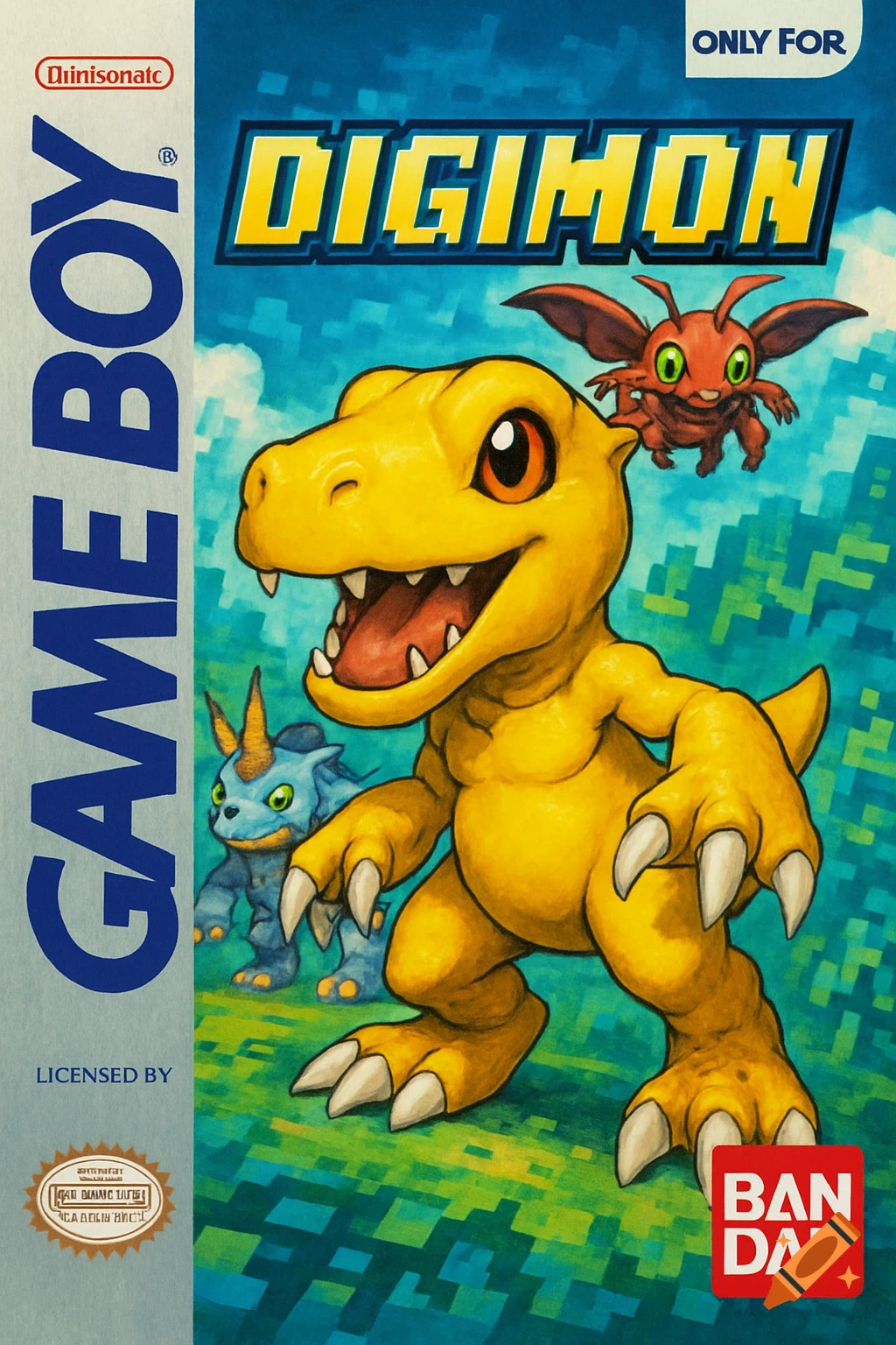 A Digimon game box cover art featuring Agumon, Gabumon, and Patamon.