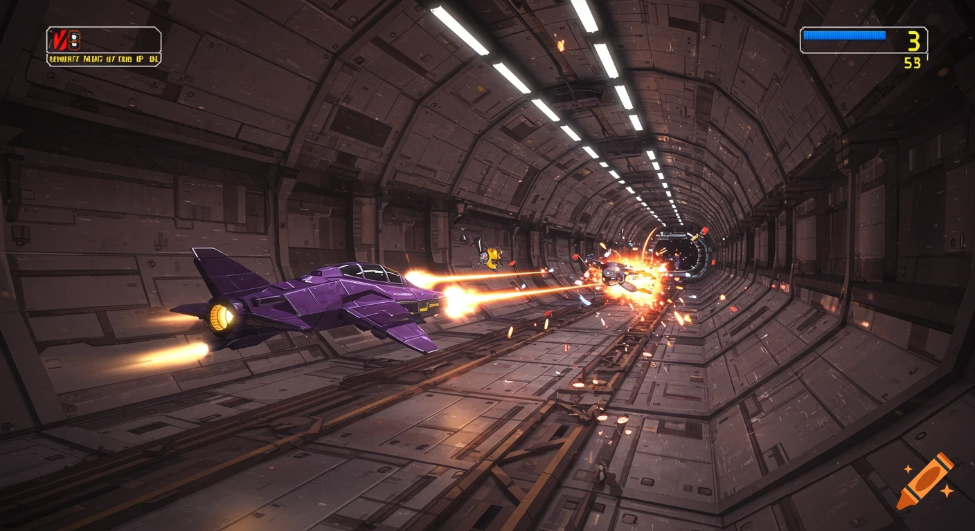 Purple spaceship shoots enemies in a scifi tunnel, retro video game style
