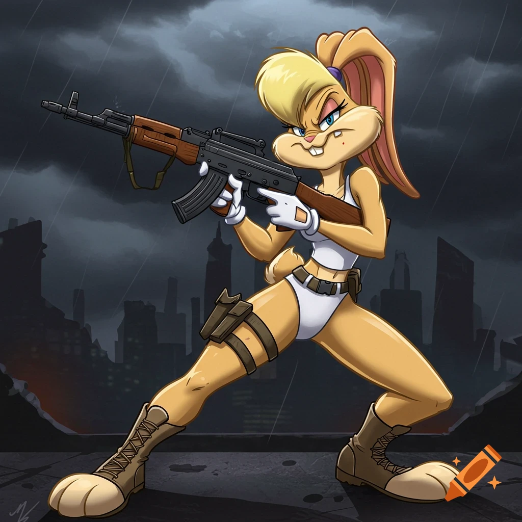 Lola Bunny illustration holding an AK rifle on a rooftop in a rainy, ruined city.