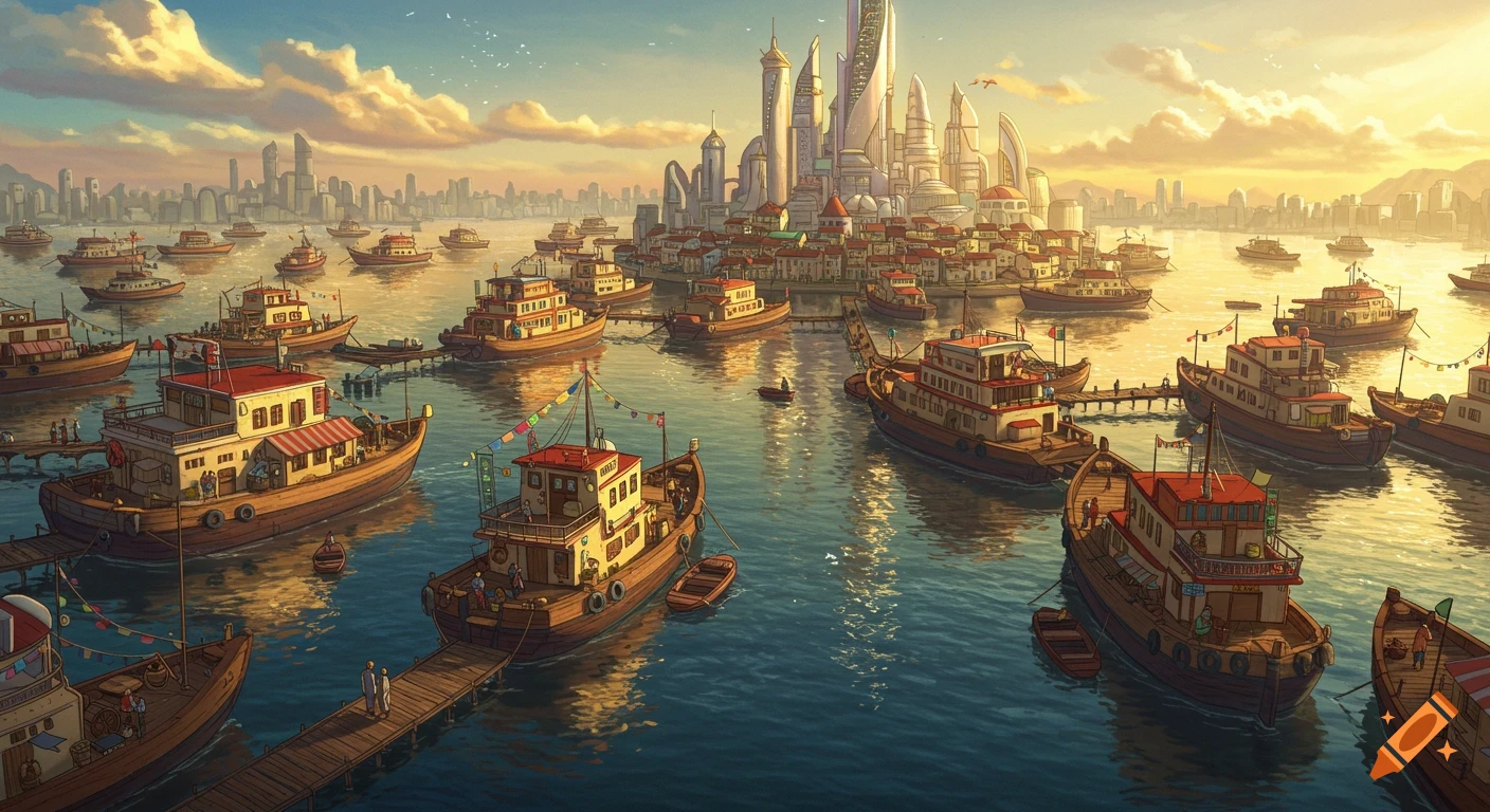 Illustrated harbor scene with many boats and a futuristic city skyline at sunset.