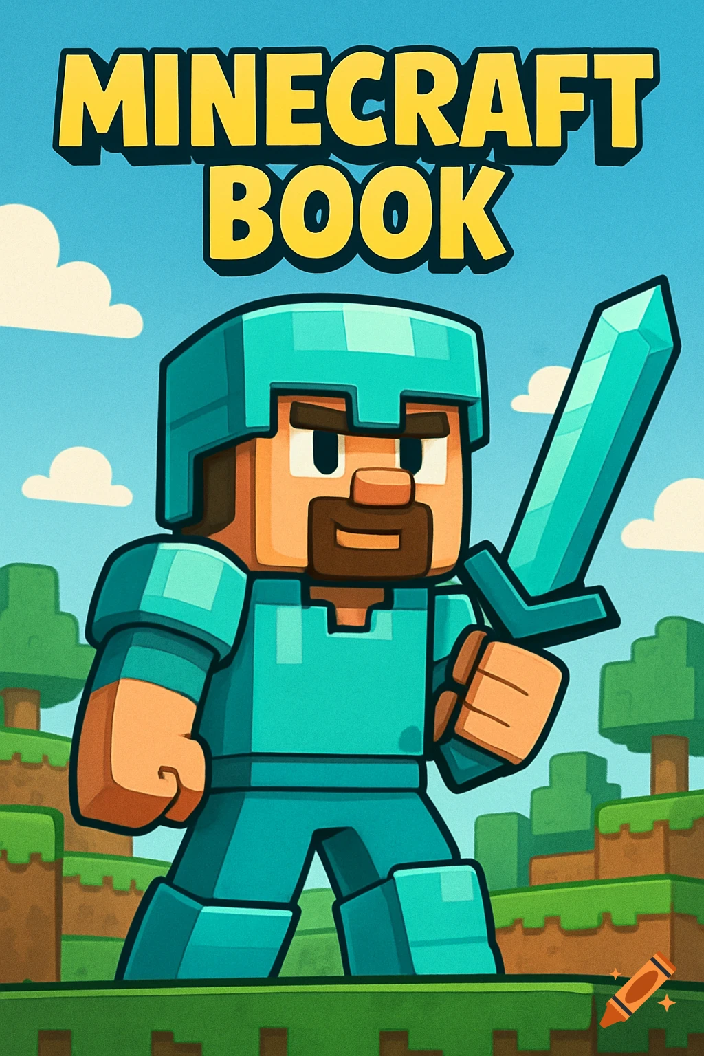 Cartoony Minecraft character Steve in diamond armor holding a sword on ...