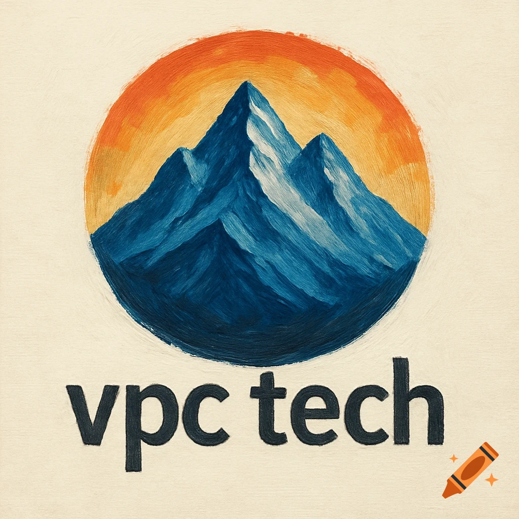 Painted logo featuring a mountain peak inside a circle with an orange sky, and the text "vpc tech" below.
