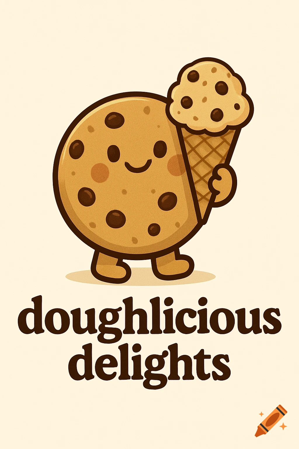 A cute cartoon cookie character holding an ice cream cone. Below is the text 'doughlicious delights'.