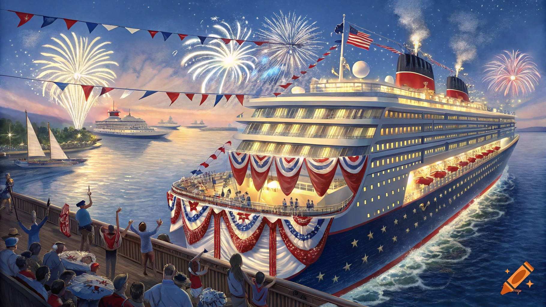 Illustration of a large cruise ship decorated for the Fourth of July with fireworks in the sky and people watching from a dock.