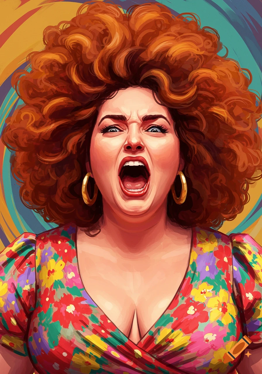 A woman with large red hair screams, wearing a colorful floral dress and gold hoop earrings in an illustration style.