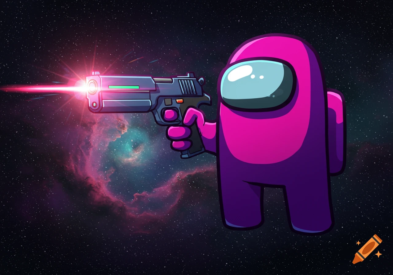 Pink Among Us character holds a laser gun, firing a red beam, in deep space with nebulas.