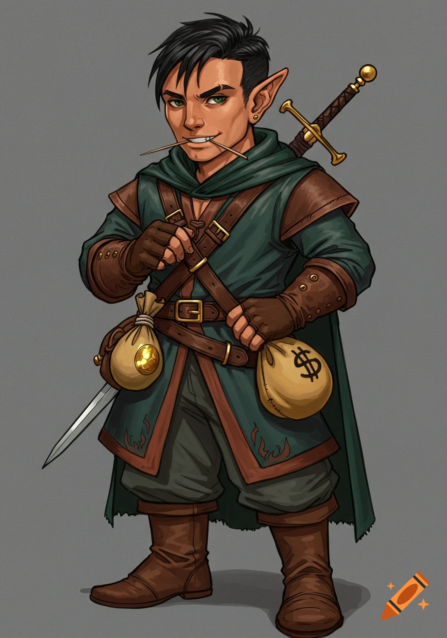 Illustration of a fantasy gnome rogue with a toothpick, cloak, sword, and money bags.