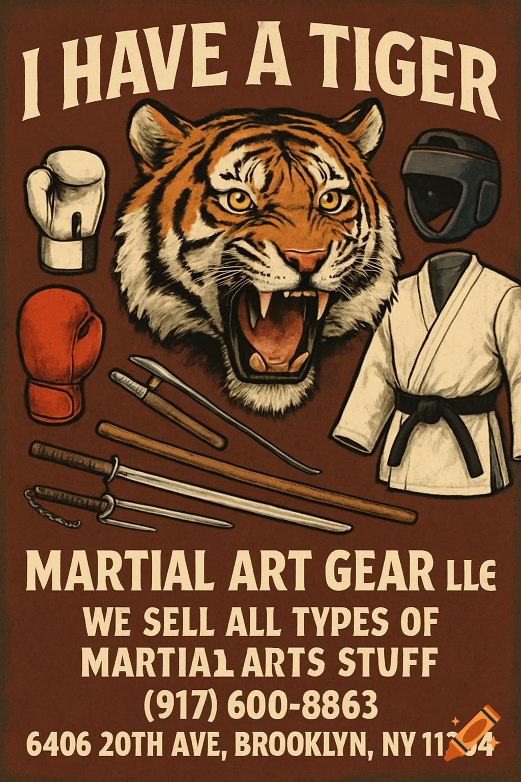 Vintage-style poster for a martial arts store featuring a snarling tiger head, boxing gloves, uniform, weapons, and text.