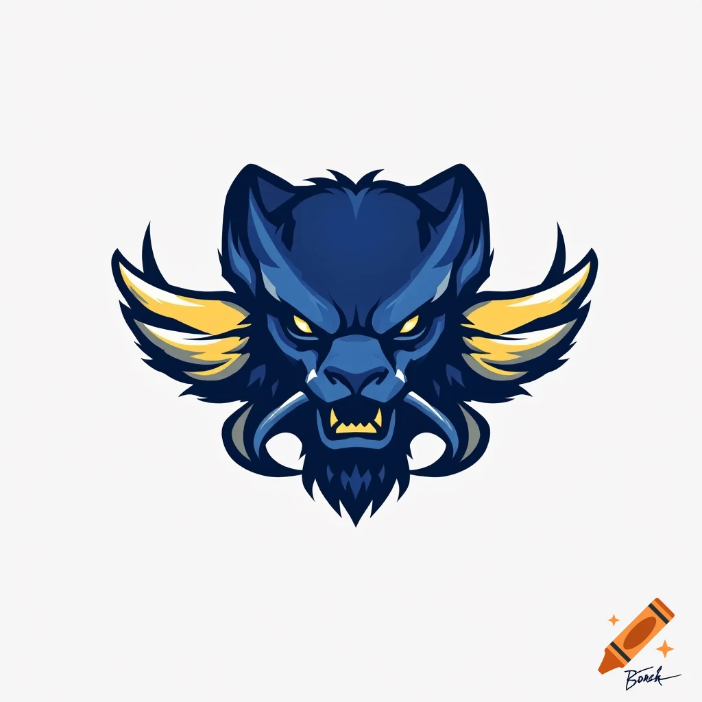 A blue and yellow stylized creature head logo with glowing eyes.