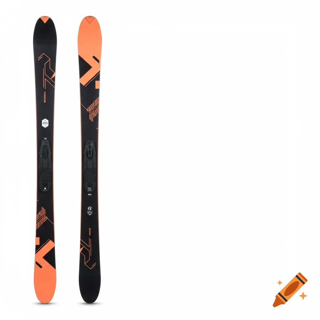 Two black and orange skis on a white background.