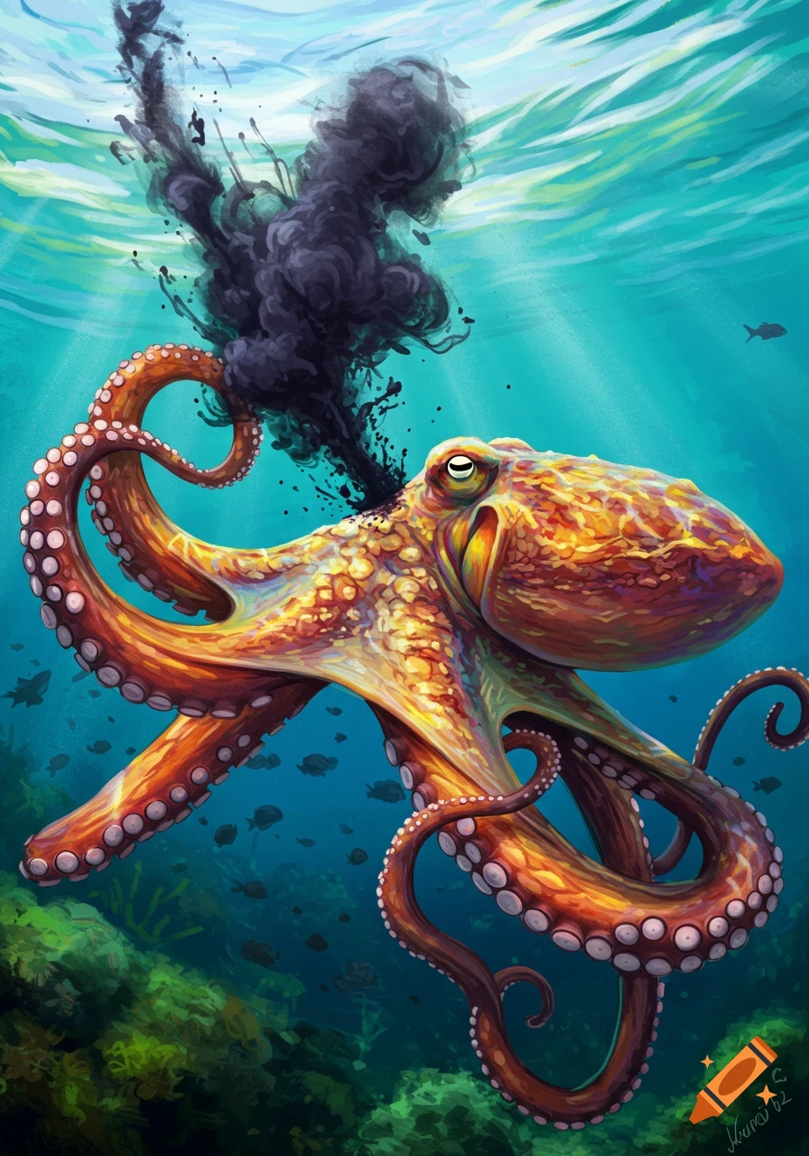 An octopus spewing dark ink underwater with sunlight filtering through.