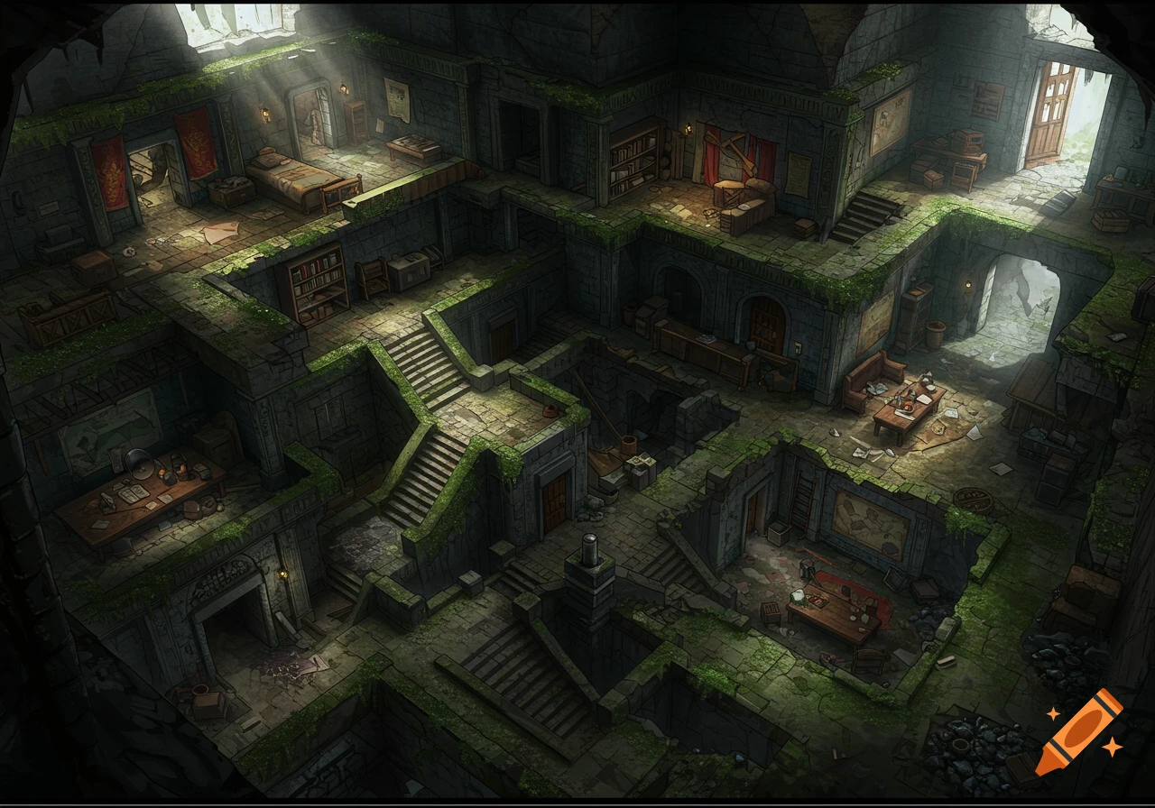 Isometric illustration of a decaying dungeon interior with rooms, stairs, furniture, and sunlight shafts.