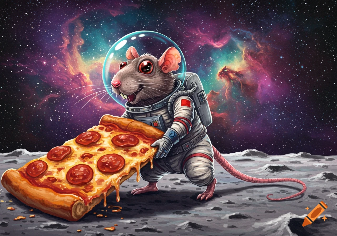 A cartoon rat in a spacesuit holds a giant slice of pepperoni pizza on the moon, with a colorful space nebula behind it.
