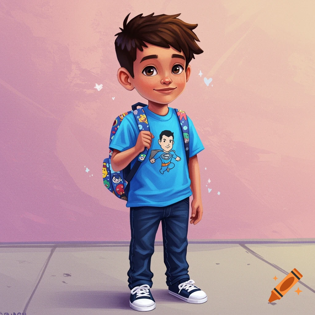 A cartoon illustration of a young boy with a backpack standing outside.