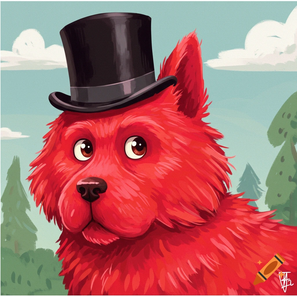 Illustration of a red dog wearing a black top hat